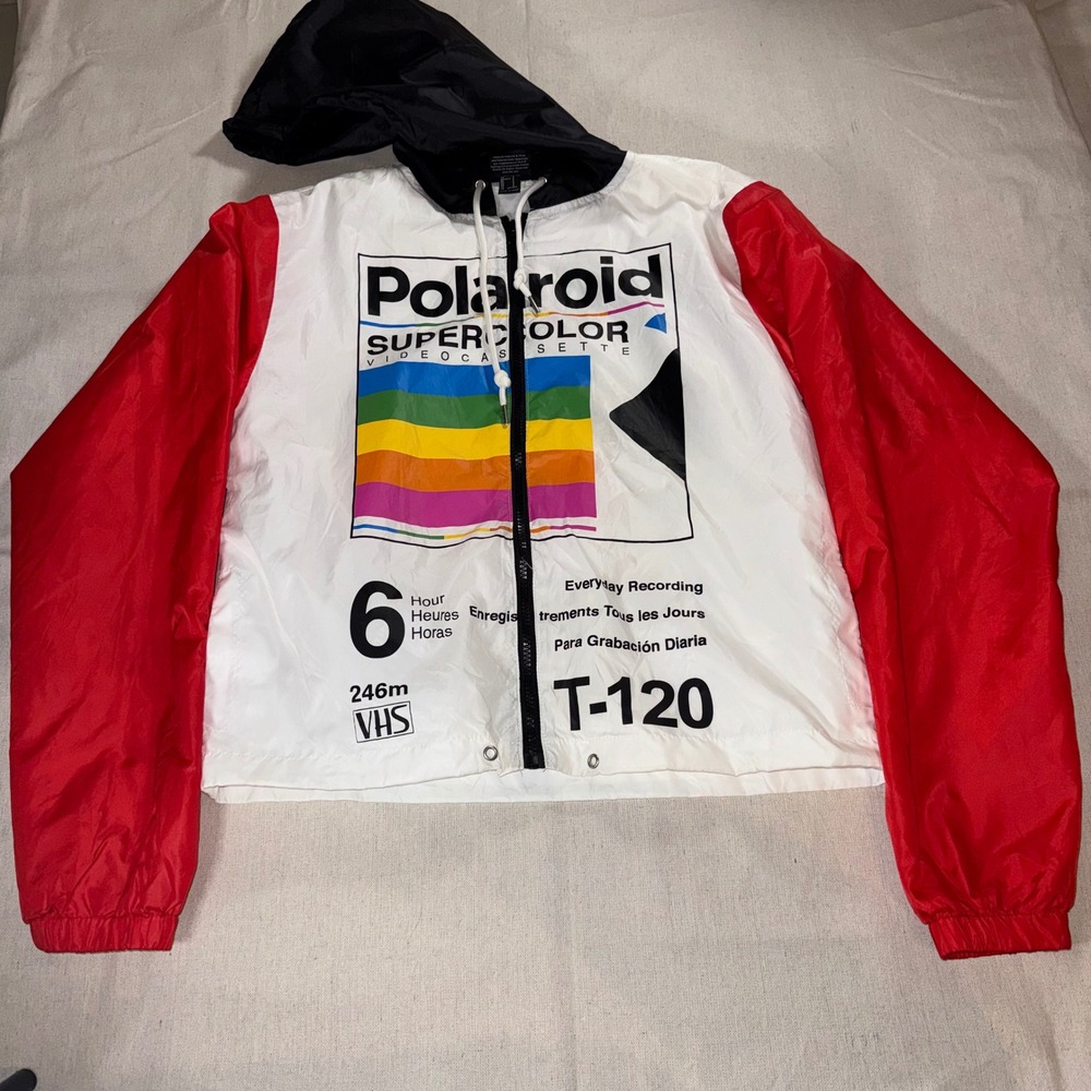 Polaroid Supercolor VHS T-120 Windbreaker Jacket Retro Rainbow White Red Small